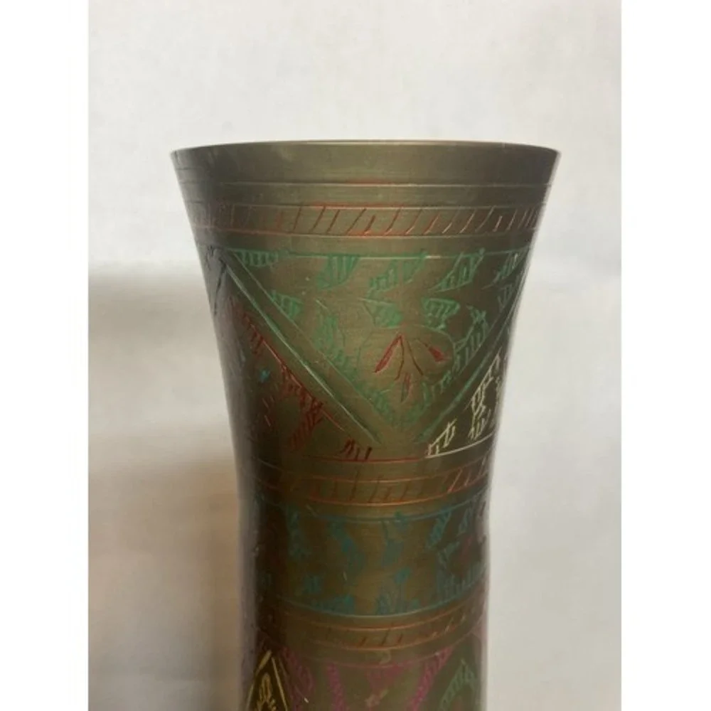 Vintage Set of 2 Brass Hand Etched Multicolored Flower Bud Vases 12